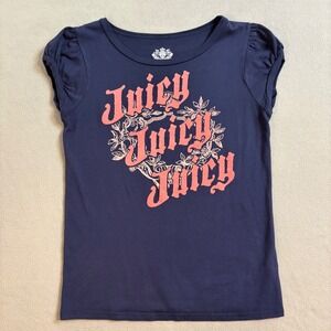 Juicy Couture Navy Blue Graphic Tee Pink Logo Puffed Cap Sleeve  Large